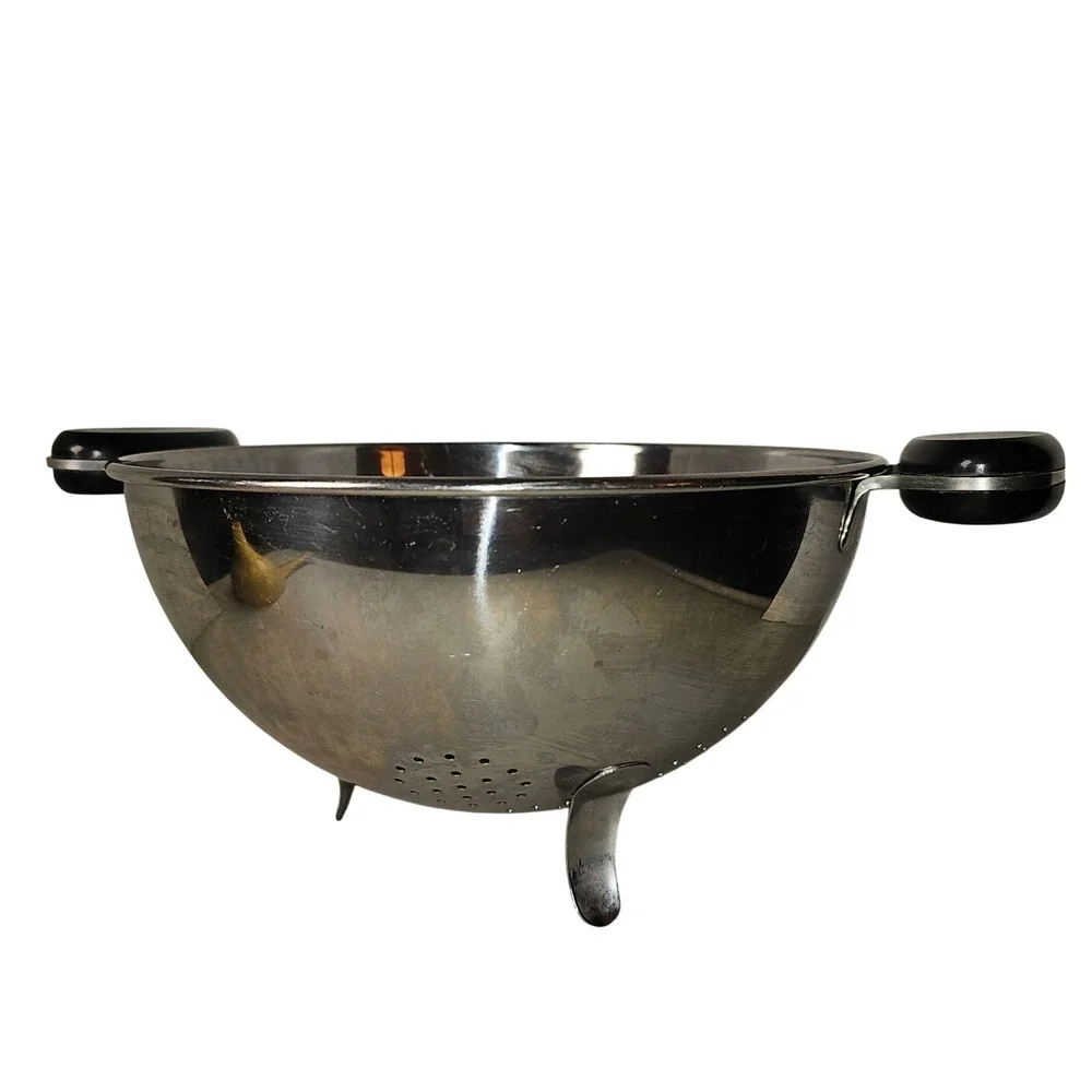 MCM 50s Vintage Stainless Steel Footed Colander Black Bakelite Handles Strainer